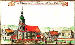 Neue Kirch zu Reichenau mit dem Pfarrhof - Nowy kościół i plebania, widok ogólny
